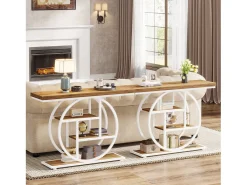 Mesa de Console de 105cm, Mesa de Sofá Industrial de 4 Andares com Base Circular para Entrada