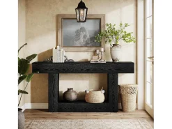 Mesa de Console de 160cm, Mesa de Sofá de 2 Andares Preta Mesa de Entrada