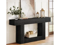 Mesa de Console de 160cm, Mesa de Sofá de 2 Andares Preta Mesa de Entrada
