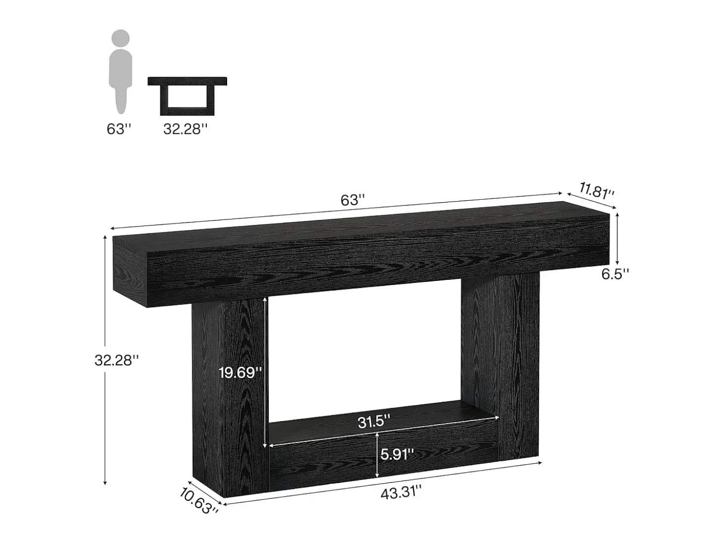 Mesa de Console de 160cm, Mesa de Sofá de 2 Andares Preta Mesa de Entrada