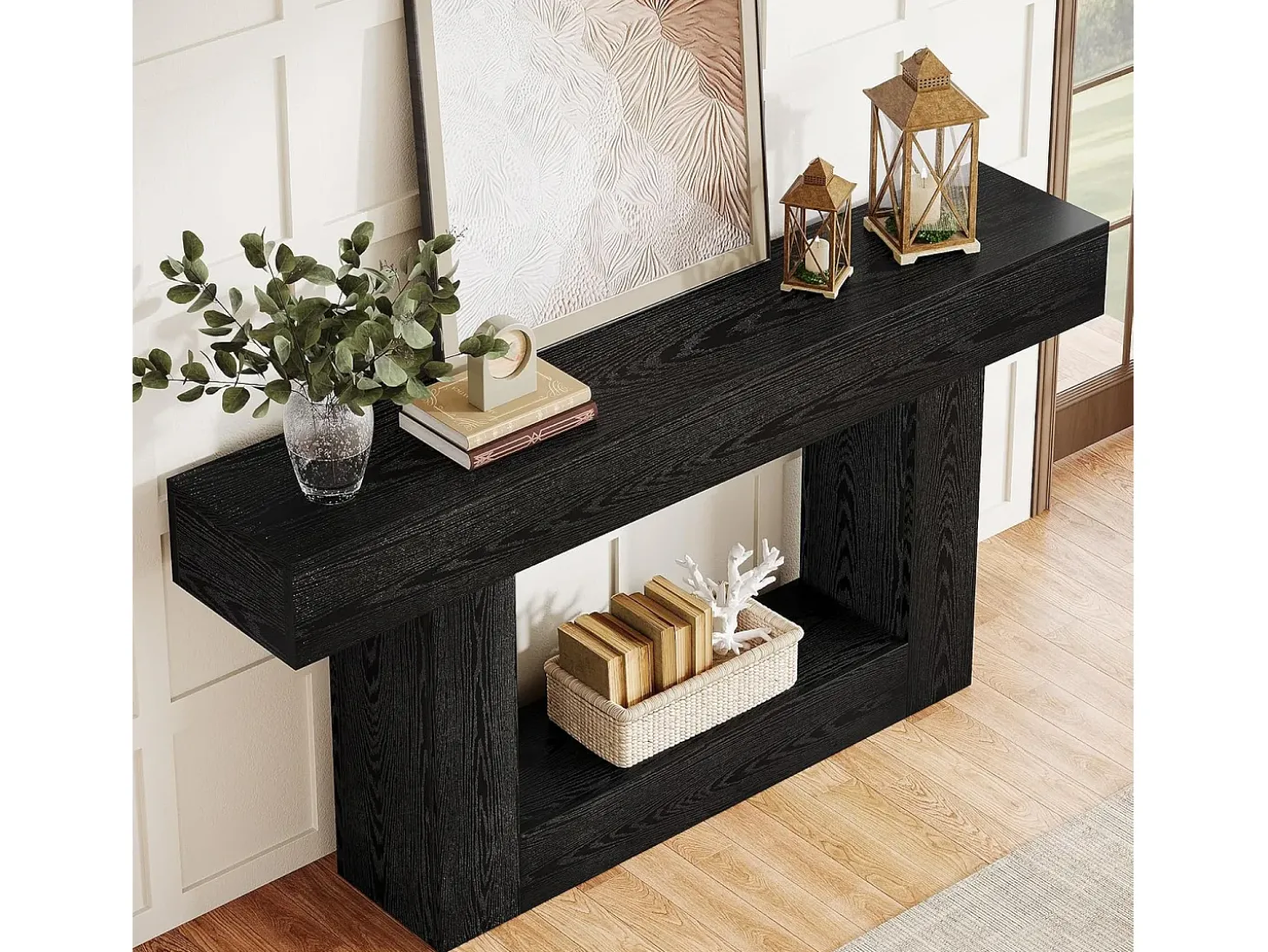 Mesa de Console de 160cm, Mesa de Sofá de 2 Andares Preta Mesa de Entrada