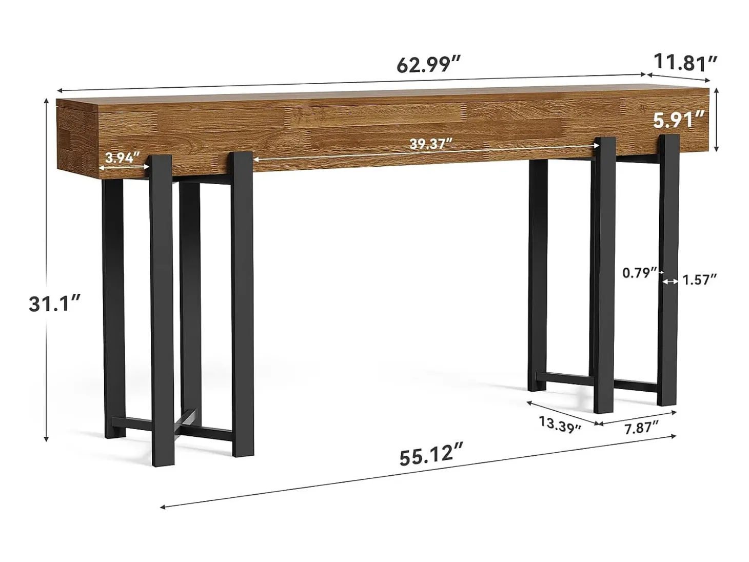 Mesa de Console de 160cm para Entrada, Mesa Rustica para Atrás do Sofá, Mesa Minimalista para Sala de Estar