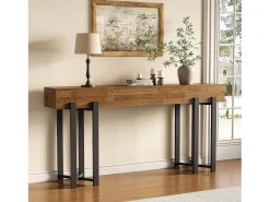 Mesa de Console de 160cm para Entrada, Mesa Rustica para Atrás do Sofá, Mesa Minimalista para Sala de Estar