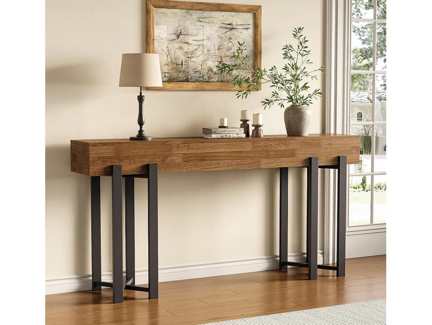 Mesa de Console de 160cm para Entrada, Mesa Rustica para Atrás do Sofá, Mesa Minimalista para Sala de Estar