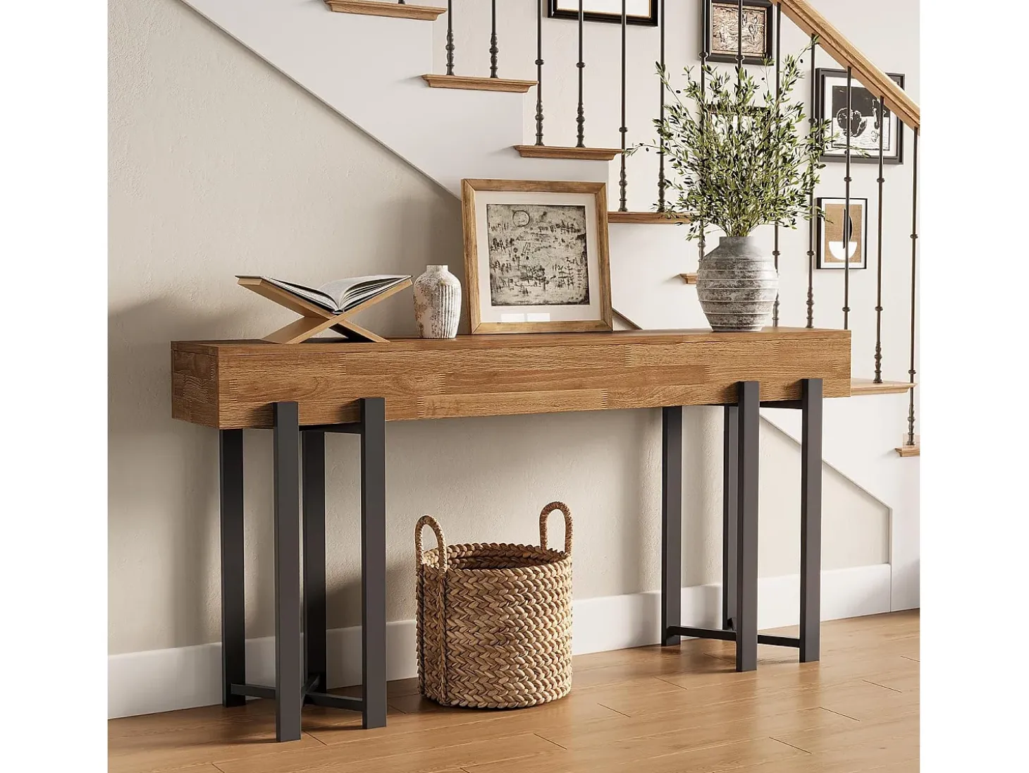 Mesa de Console de 160cm para Entrada, Mesa Rustica para Atrás do Sofá, Mesa Minimalista para Sala de Estar