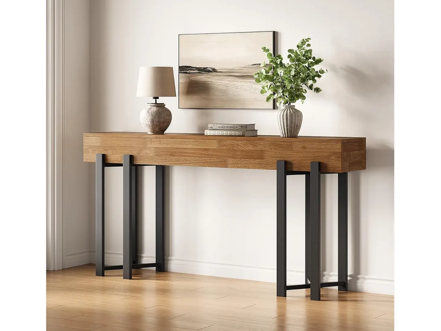 Mesa de Console de 160cm para Entrada, Mesa Rustica para Atrás do Sofá, Mesa Minimalista para Sala de Estar