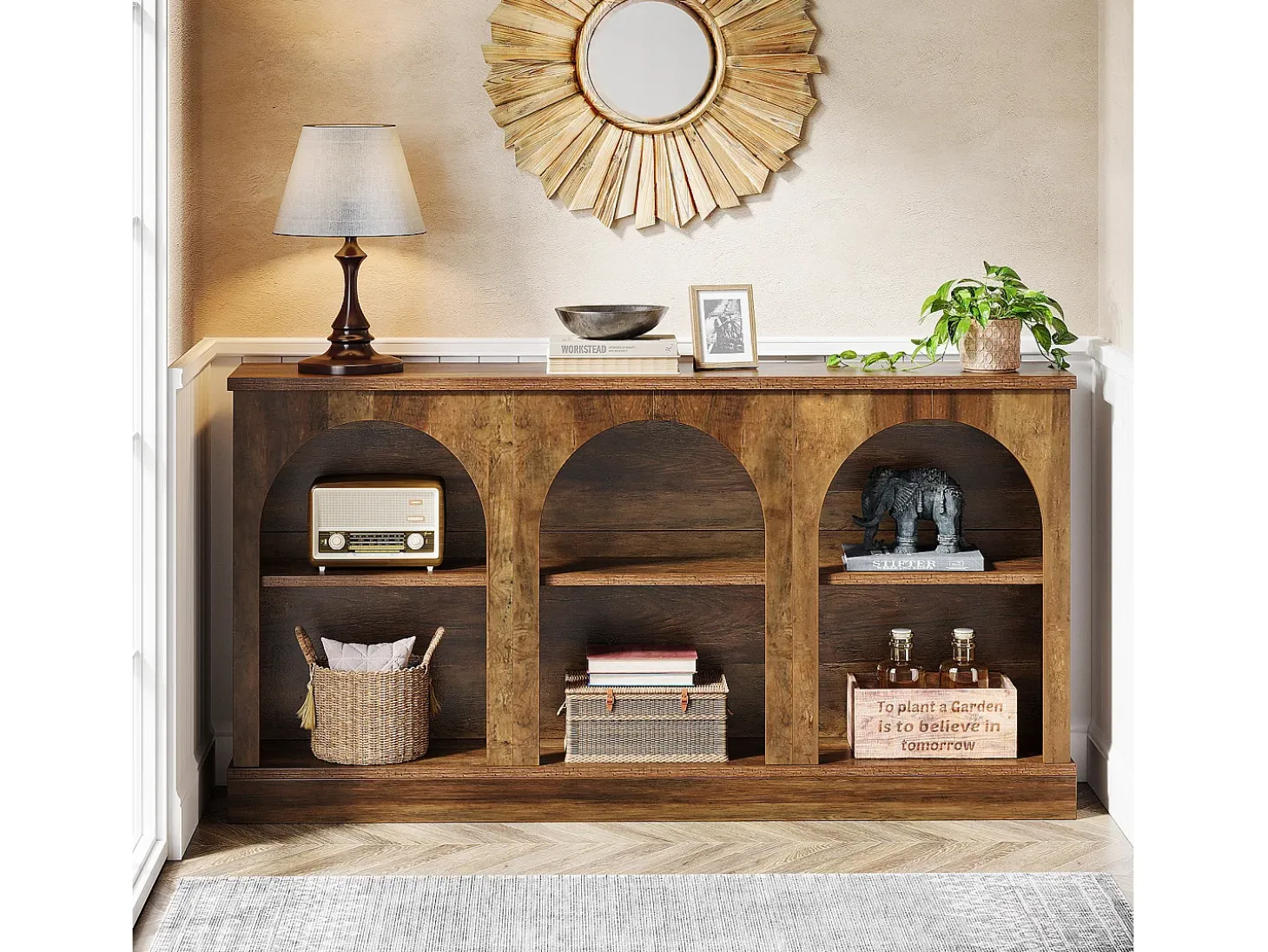 Mesa de console de estilo rústico de 160 cm de comprimento com 3 níveis de armazenamento, marrom