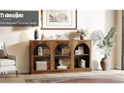 Mesa de console de estilo rústico de 160 cm de comprimento com 3 níveis de armazenamento, marrom