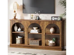 Mesa de console de estilo rústico de 160 cm de comprimento com 3 níveis de armazenamento, marrom