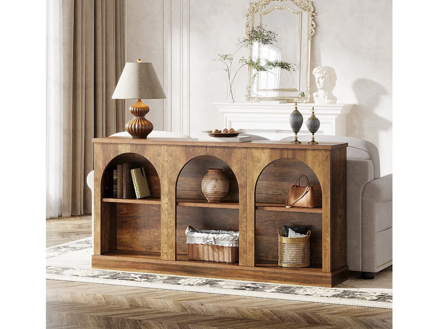 Mesa de console de estilo rústico de 160 cm de comprimento com 3 níveis de armazenamento, marrom