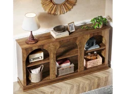 Mesa de console de estilo rústico de 160 cm de comprimento com 3 níveis de armazenamento, marrom
