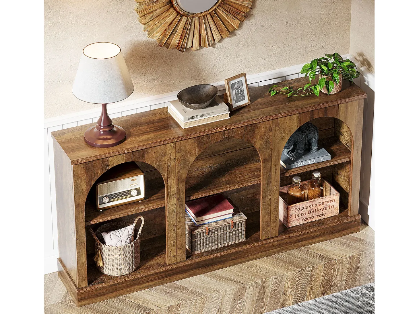 Mesa de console de estilo rústico de 160 cm de comprimento com 3 níveis de armazenamento, marrom