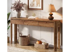 Mesa de Console de Madeira Sólida com 3 Gavetas, Mesa de Entrada de 160cm de Comprimento com Cantos Arredondados