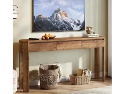 Mesa de Console de Madeira Sólida com 3 Gavetas, Mesa de Entrada de 160cm de Comprimento com Cantos Arredondados