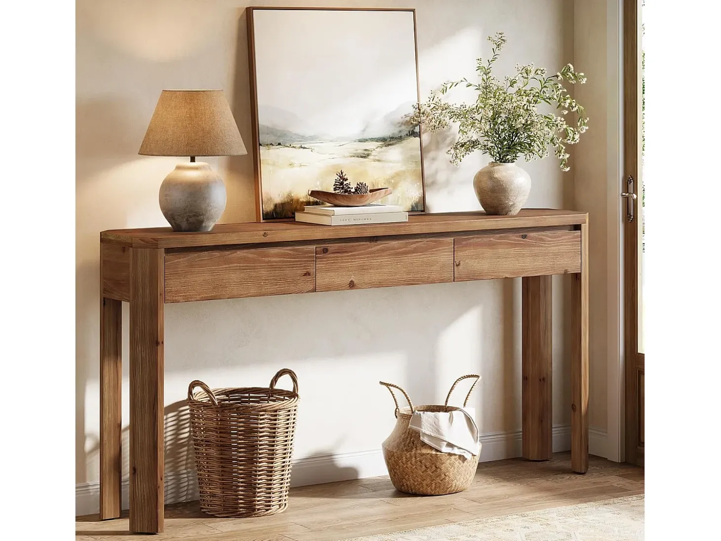 Mesa de Console de Madeira Sólida com 3 Gavetas, Mesa de Entrada de 160cm de Comprimento com Cantos Arredondados