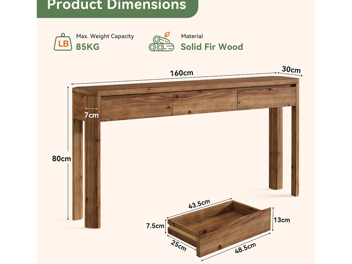 Mesa de Console de Madeira Sólida com 3 Gavetas, Mesa de Entrada de 160cm de Comprimento com Cantos Arredondados