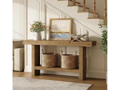 Mesa de console de madeira sólida de 160 cm, mesa estreita de entrada de fazenda de dois níveis para corredor, entrada
