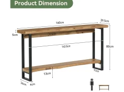Mesa de console de madeira maciça com borda natural para entrada, estilo caseiro, 160 cm, mesa estreita e longa para sofa, atrás do sofá
