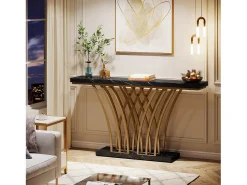 Mesa de Console Dourada - 150 x 29,5 x 80 cm - Moderna - com Pés de Metal em Formato de Grade - para Entrada, Corredor, Entrada, Sala (Preta)