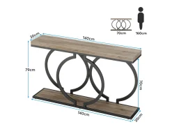 Mesa de console dourada de 140 cm, Mesa de entrada moderna com pés em metal dourado em formato de O, 140 x 30 x 80 cm, Cinza