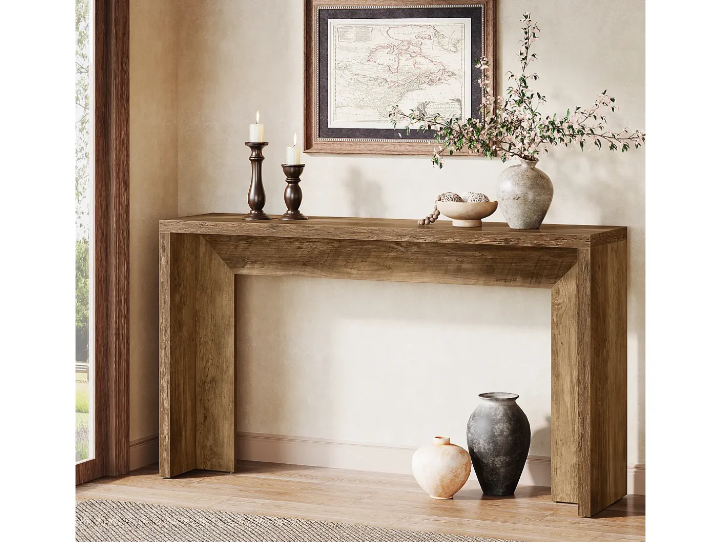 Mesa de console em estilo fazenda, mesa de 140 cm para sala com armazenamento para entrada.