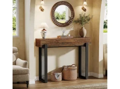 Mesa de console em madeira de 105 cm com armazenamento, pequena mesa para entrada industrial com pernas de metal em malha