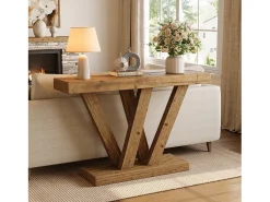 Mesa de console em madeira sólida, mesa de entrada rústica de 120 cm para sofá com base em duplo V