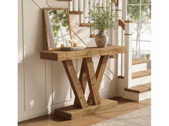 Mesa de console em madeira sólida, mesa de entrada rústica de 120 cm para sofá com base em duplo V
