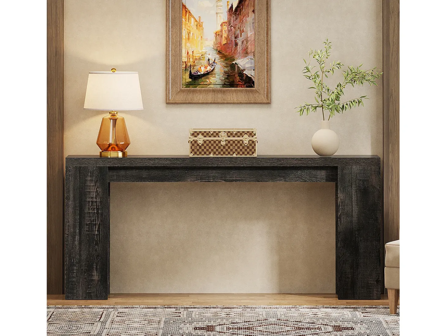 Mesa de Console Extra Longa 160cm, Mesa de Sofá Rural Preta Atrás do Sofá