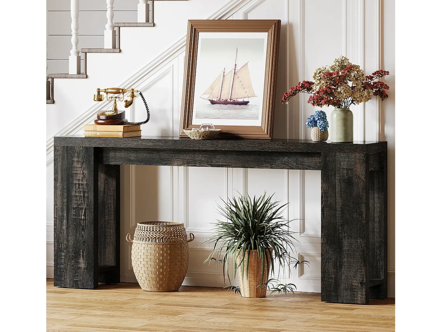 Mesa de Console Extra Longa 160cm, Mesa de Sofá Rural Preta Atrás do Sofá