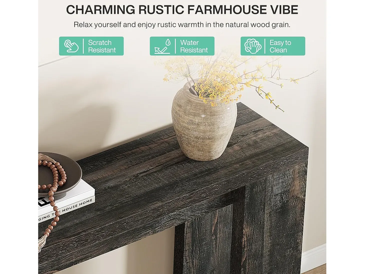 Mesa de Console Extra Longa 160cm, Mesa de Sofá Rural Preta Atrás do Sofá