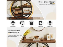 Mesa de console industrial com seis níveis e base circular - Mesa auxiliar estreita de madeira com prateleiras de armazenamento para o sala de estar