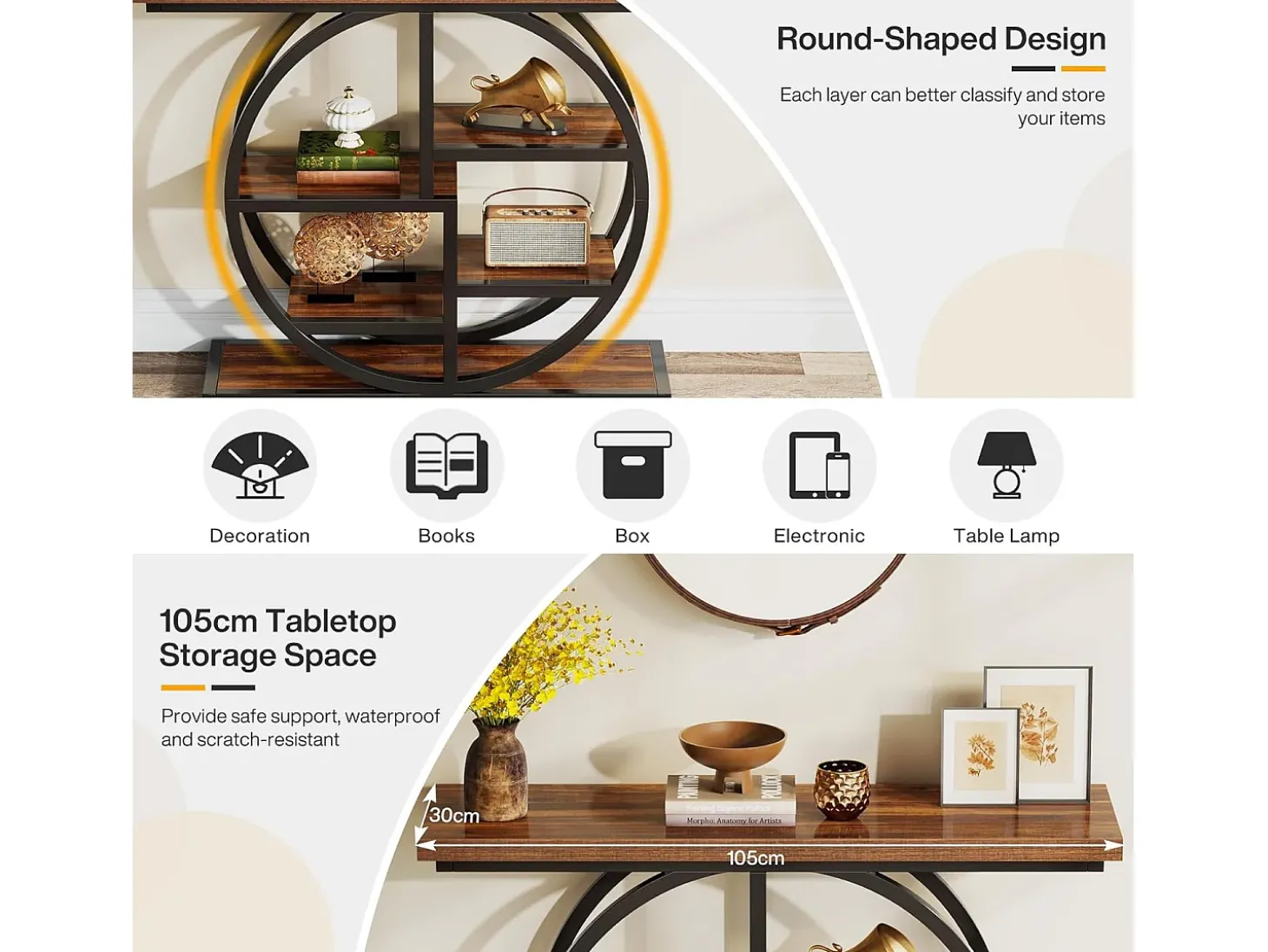 Mesa de console industrial com seis níveis e base circular - Mesa auxiliar estreita de madeira com prateleiras de armazenamento para o sala de estar