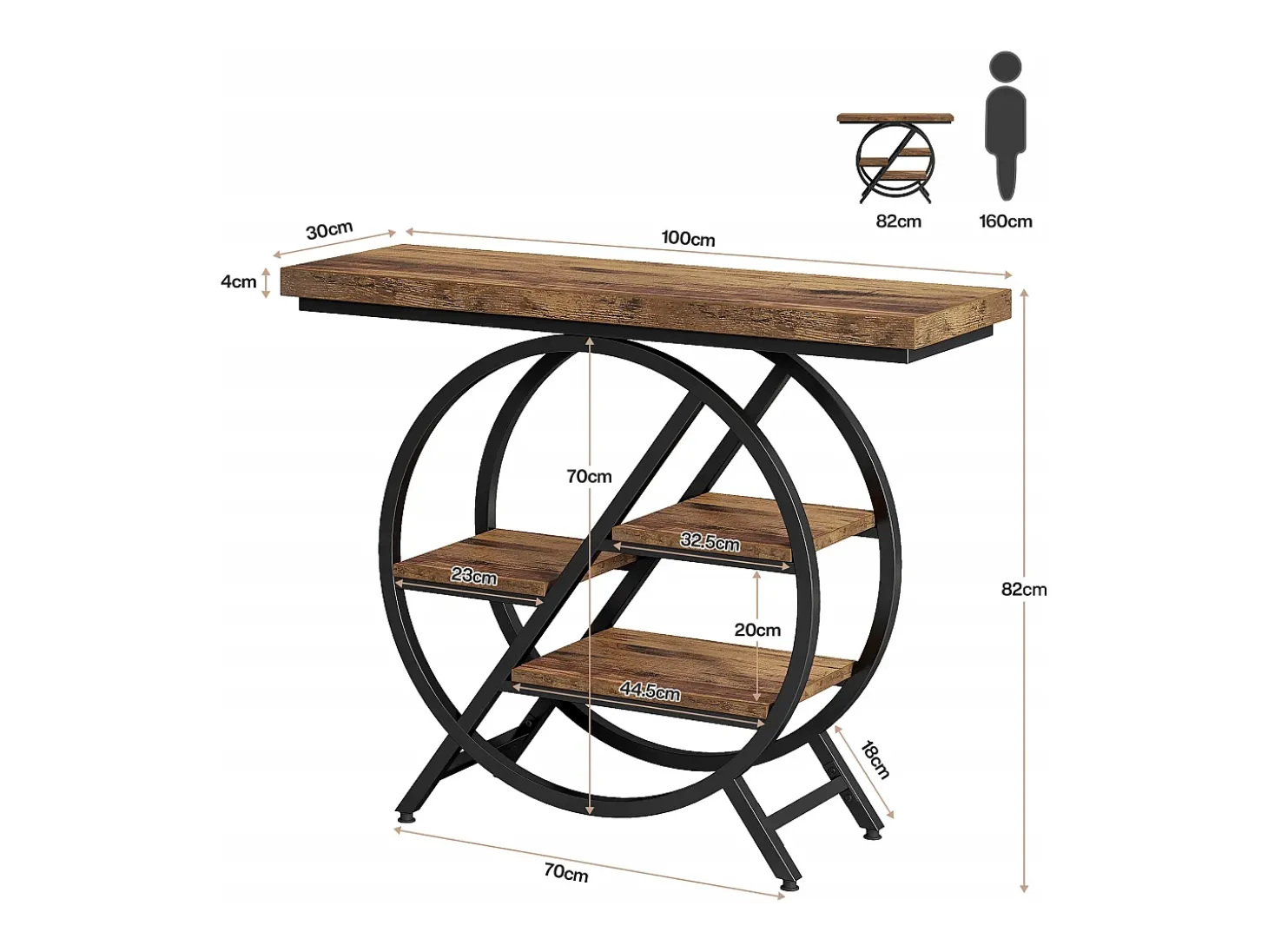 Mesa de Console, Mesa de Entrada de 100 cm com Tampo Espesso, Mesa de Sofá Industrial, Mesas Auxiliares, Marrom Rústico