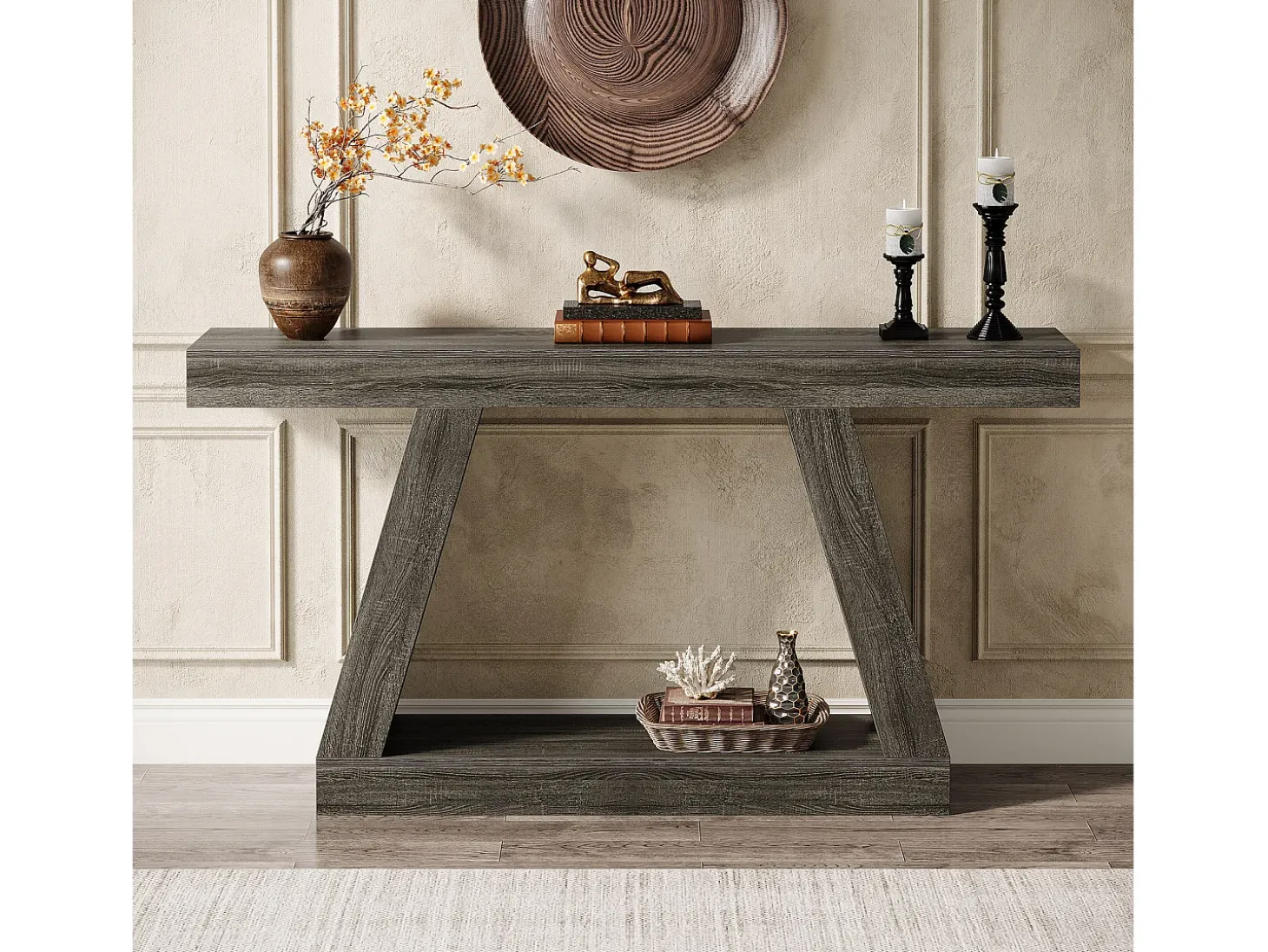Mesa de Console, Mesa de Sofá Rústica de 140cm com Armazenamento, Mesa de Entrada para Corredor, Sala de Estar, Cinza