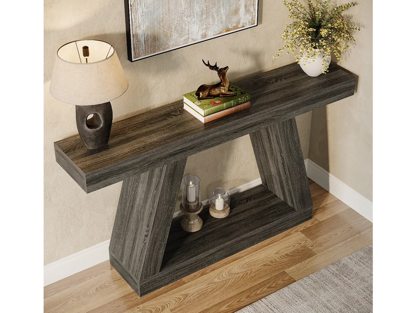 Mesa de Console, Mesa de Sofá Rústica de 140cm com Armazenamento, Mesa de Entrada para Corredor, Sala de Estar, Cinza
