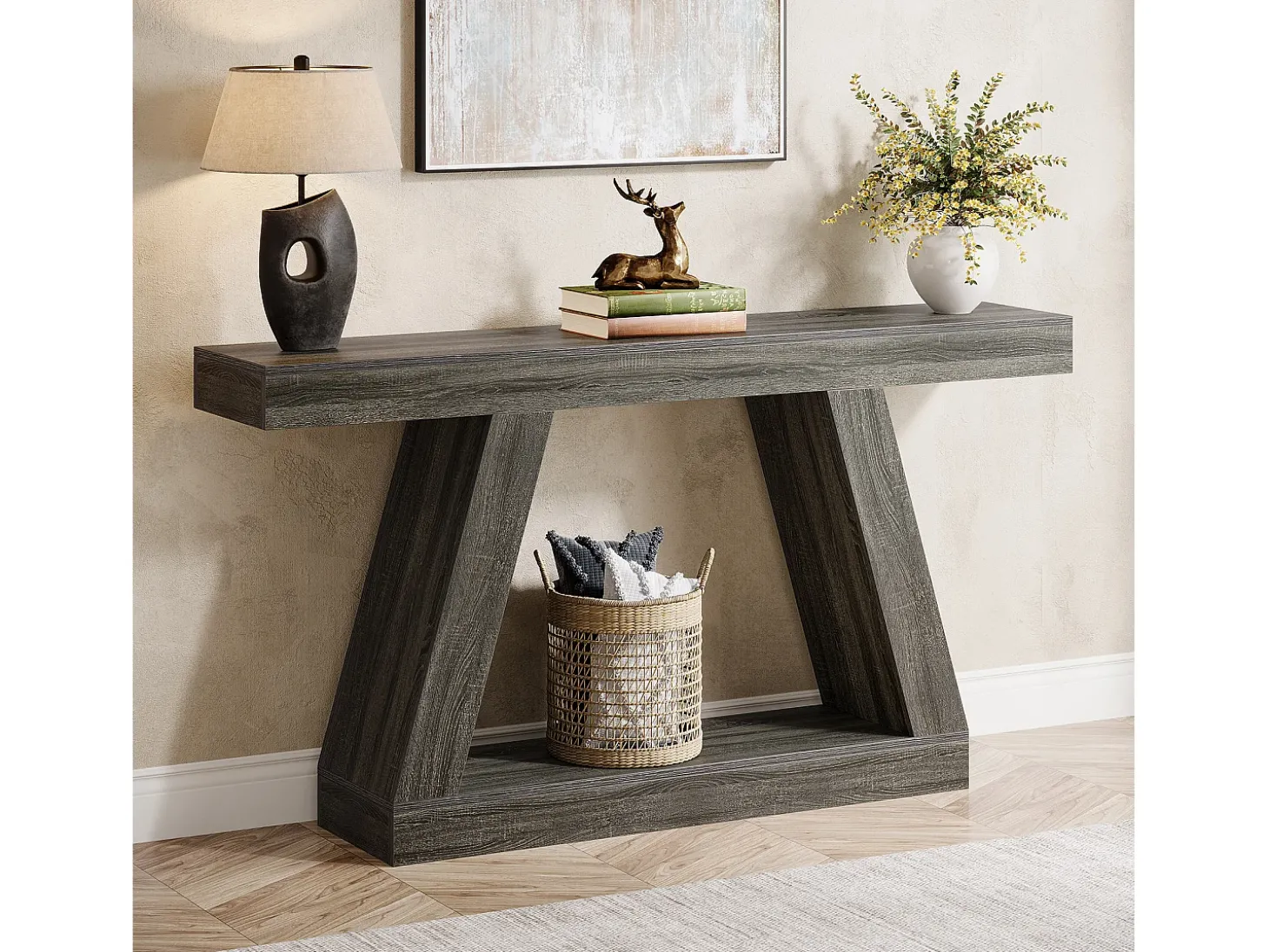 Mesa de Console, Mesa de Sofá Rústica de 140cm com Armazenamento, Mesa de Entrada para Corredor, Sala de Estar, Cinza