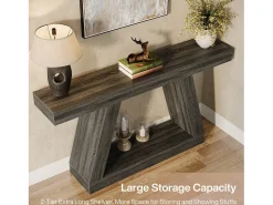 Mesa de Console, Mesa de Sofá Rústica de 140cm com Armazenamento, Mesa de Entrada para Corredor, Sala de Estar, Cinza