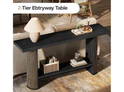 Mesa de Console Moderna 140cm, Mesa de Corredor Estreita Preta, Mesa de Sofá com 2 Prateleiras