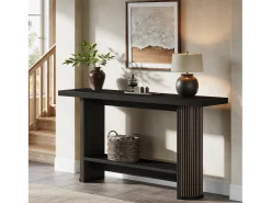 Mesa de Console Moderna 140cm, Mesa de Corredor Estreita Preta, Mesa de Sofá com 2 Prateleiras