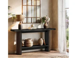 Mesa de Console Moderna 140cm, Mesa de Corredor Estreita Preta, Mesa de Sofá com 2 Prateleiras