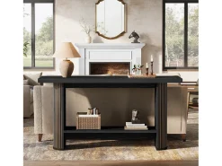 Mesa de Console Moderna 140cm, Mesa de Corredor Estreita Preta, Mesa de Sofá com 2 Prateleiras