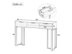Mesa de console moderna com 3 gavetas - 120 x 36 x 80 cm - MDF - para sala, corredor - branco + dourado