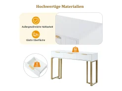 Mesa de console moderna com 3 gavetas - 120 x 36 x 80 cm - MDF - para sala, corredor - branco + dourado