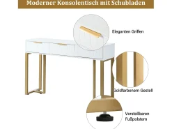 Mesa de console moderna com 3 gavetas - 120 x 36 x 80 cm - MDF - para sala, corredor - branco + dourado