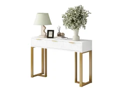 Mesa de console moderna com 3 gavetas - 120 x 36 x 80 cm - MDF - para sala, corredor - branco + dourado