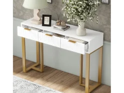 Mesa de console moderna com 3 gavetas - 120 x 36 x 80 cm - MDF - para sala, corredor - branco + dourado