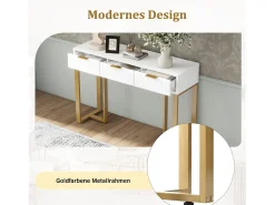 Mesa de console moderna com 3 gavetas - 120 x 36 x 80 cm - MDF - para sala, corredor - branco + dourado