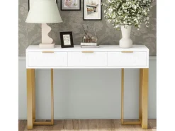 Mesa de console moderna com 3 gavetas - 120 x 36 x 80 cm - MDF - para sala, corredor - branco + dourado