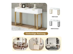 Mesa de console moderna com 3 gavetas - 120 x 36 x 80 cm - MDF - para sala, corredor - branco + dourado